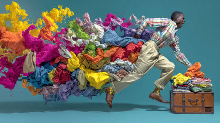Man bursts from a suitcase as a whirlwind of colorful clothes in a dynamic, surreal motion.の素材