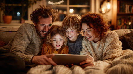 joyful family snuggles together on a couch at night, watching a movie or playing a game on a tablet.の素材