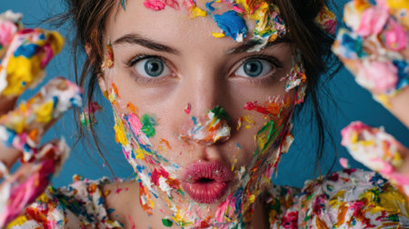 Astonished woman covered in vibrant paint looks at camera, expressing artistic joy and surprise.の素材