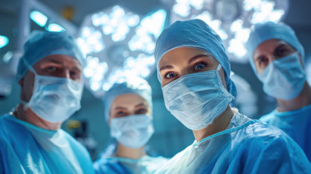 determined female surgeon in scrubs and mask looks directly at the camera, a focused medical team blurred behind her.の素材
