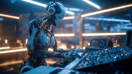 A sleek cyborg plays an electronic keyboard, bathed in the glow of a futuristic music studio. A perfect blend of technology and art.の素材