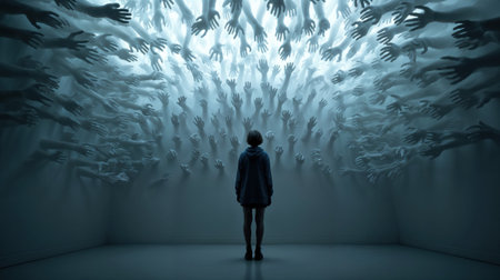 A solitary person stands in a stark room, facing countless hands reaching out from the walls. A powerful and unsettling depiction of anxiety, loneliness, or depression.の素材