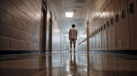 A man stands alone in a long, empty school hallway, a reflection of the bright light on the shiny floor.の素材