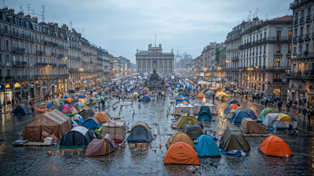 Colorful camping tents fill flooded city street creating surreal urban scene with historic European architecture and wet pavement reflecting lights.の素材