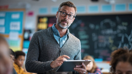Middle-aged teacher with glasses and grey sweater holding tablet while teaching students in colorful modern classroom with educational materials and technology.の素材