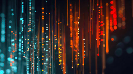 Fiber optic cables with glowing lights creating abstract pattern of colorful bokeh in blue, orange and red hues representing high-speed internet connectivity.の素材