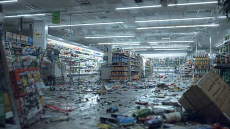 Destroyed supermarket interior with scattered products, debris covering floor, damaged shelving units and fluorescent lighting overhead after disaster.の素材