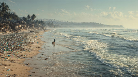 Polluted tropical beach at golden hour with plastic waste scattered on sand, palm trees, and solitary figure walking along misty coastline.の素材