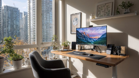 Modern home office workspace with computer monitor displaying mountain landscape, ergonomic chair, plants, and city view through large windows creating productive work environment.の素材