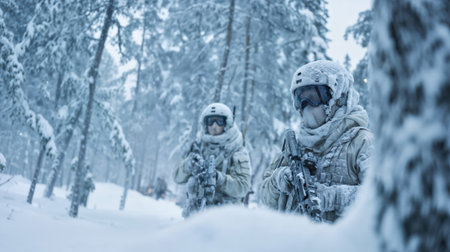 Military soldiers in white winter camouflage gear conducting tactical operations in snowy forest environment during extreme weather conditions.の素材
