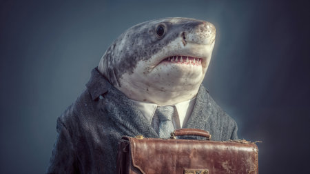 Professional business shark in formal suit holding briefcase, representing corporate success and aggressive sales strategies in modern workplace.の素材