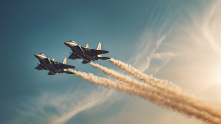 Two military fighter jets performing synchronized aerobatic maneuvers with white smoke trails against blue sky during impressive air show demonstration.の素材