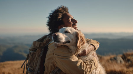 Happy person with curly hair embracing golden retriever dog while hiking outdoors, both looking up at sky with joyful expressions and mountain landscape.の素材