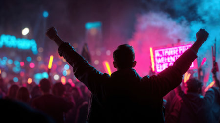 Silhouette of person with raised arms celebrating victory against vibrant neon city lights and bokeh background at night.の素材