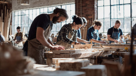Young craftspeople learning traditional woodworking skills in bright workshop with wooden workbenches and hand tools, focusing on artisanal techniques.の素材