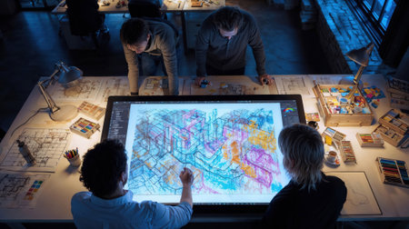 Creative team collaborating on digital architecture project using large interactive display screen with colorful 3D building designs and blueprints.の素材