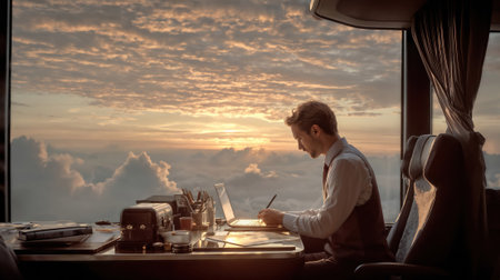 Professional man working on laptop at elegant desk during golden hour sunrise, creating inspiring workspace atmosphere with dramatic sky view.の素材