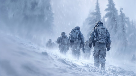 Soldiers in winter camouflage gear trekking through harsh snowy mountain terrain during blizzard conditions with heavy tactical equipment and backpacks.の素材