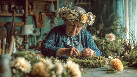 Elderly woman wearing flower crown crafting handmade floral arrangements in rustic workshop filled with dried flowers and natural materials.の素材