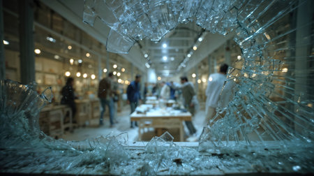 Dramatic shattered glass window view of busy retail store interior with blurred customers shopping, creating powerful visual impact and storytelling element.の素材
