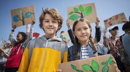 Children holding handmade environmental signs at outdoor climate protest rally advocating for earth protection and sustainability awareness.の素材