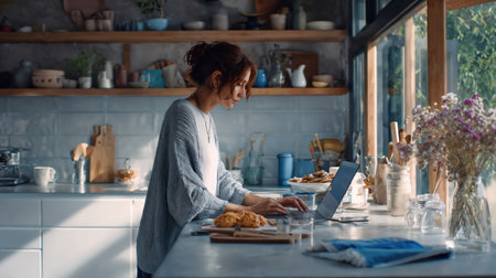 Woman working on laptop in bright modern kitchen with pastries and coffee, enjoying peaceful morning routine in cozy home workspace with natural lighting.の素材