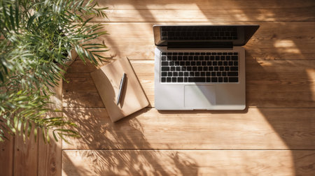 Minimalist workspace with laptop and notebook on wooden desk bathed in natural sunlight, creating peaceful home office environment with plant decoration.の素材