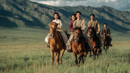 Group of young Asian riders on horseback galloping across scenic grassland with majestic mountains in background during golden hour light.の素材