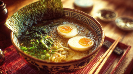 Steaming bowl of traditional Japanese ramen with soft-boiled eggs, nori seaweed, and green onions in decorative ceramic bowl with chopsticks on bamboo mat.の素材