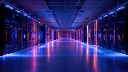Futuristic data center corridor with neon blue and purple lighting illuminating rows of server racks in high-tech computer facility environment.の素材