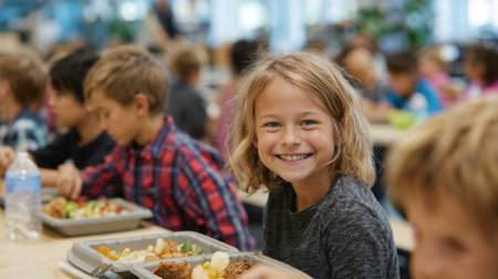 Smiling young girl enjoying healthy school lunch in busy cafeteria, sitting at table with nutritious meal tray surrounded by other students dining together.の素材