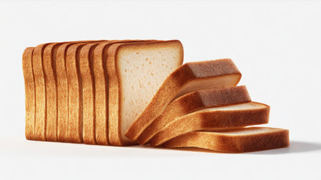 Fresh sliced white bread loaf with golden crust arranged in neat rows, showcasing soft texture and perfect bakery quality.の素材