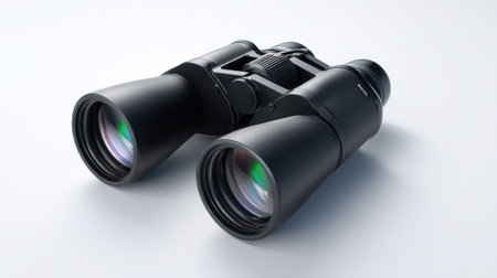 Professional black binoculars with multi-coated lenses and ergonomic design, perfect for birdwatching, hiking, and outdoor adventures.の素材
