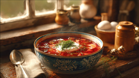 Traditional borscht soup with sour cream and fresh dill in rustic ceramic bowl on wooden table with authentic ingredients.の素材