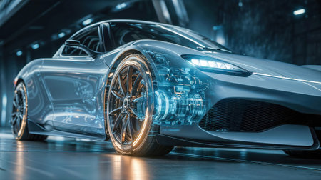 Futuristic transparent sports car with visible internal mechanics and glowing wheels in a high-tech showroom with dramatic blue lighting.の素材