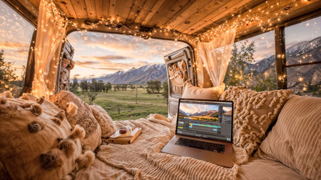 Cozy camper van interior with fairy lights, laptop, mountain view, bohemian decor, warm textiles, and scenic wilderness backdrop at sunset.の素材
