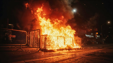 Burning barricades and metal fencing engulfed in massive flames during nighttime urban street protest with smoke billowing into dark sky creating dramatic scene of civil unrest.の素材