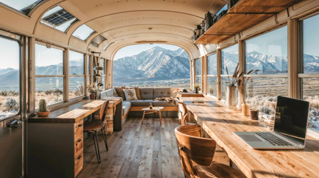 Stunning converted train car tiny home interior with panoramic mountain views, natural wood finishes, modern minimalist design, and cozy living space.の素材