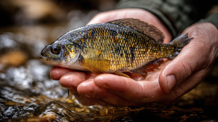 Fisherman hands holding freshly caught colorful river fish with golden scales in natural stream habitat, sustainable fishing and aquatic wildlife conservation concept.の素材