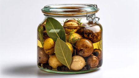 Glass jar filled with marinated mushrooms, bay leaves, rosemary, thyme and olive oil, preserved vegetables in traditional European style fermentation and pickling method.の素材