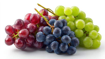 Fresh colorful grape varieties with water droplets arranged on white background, showing red, blue and green clusters with natural stems and vivid colors.の素材