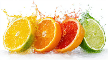 Colorful citrus fruit slices with water splashes including lemon, orange, grapefruit, and lime on white background for refreshing beverage concepts.の素材