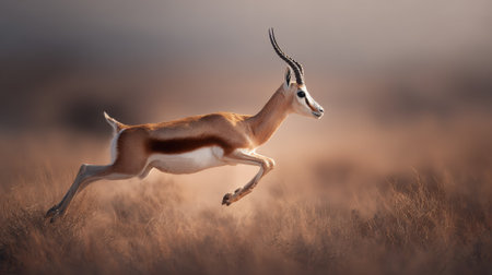 Springbok antelope leaping gracefully through golden grassland during sunset, showcasing athletic jumping ability and elegant movement in natural habitat.の素材