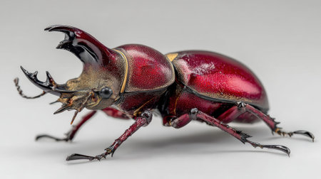 Metallic red rhinoceros beetle with prominent horns and glossy shell, detailed macro photography on gray background.の素材