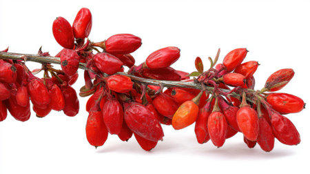 Fresh red barberry berries on branch isolated on white background, showing bright crimson oval fruits with natural shine and texture.の素材