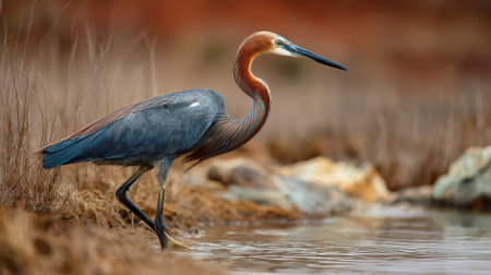 Majestic goliath heron with blue gray plumage and russet neck standing at water edge in natural wetland habitat. Large wading bird hunting fish in shallow marsh. Wildlife nature photography.の素材