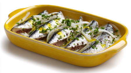 Fresh sardines with herbs, onions, and olive oil in yellow ceramic dish, traditional Mediterranean seafood recipe ready for baking or grilling preparation.の素材