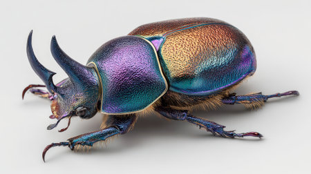Iridescent rainbow beetle with metallic colors and large horns on white background, stunning macro photography showcasing nature's vibrant beauty and insect biodiversity.の素材