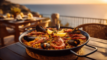 Traditional Spanish seafood paella with prawns, mussels, and lemon wedges in authentic pan on outdoor terrace table during golden hour sunset light.の素材