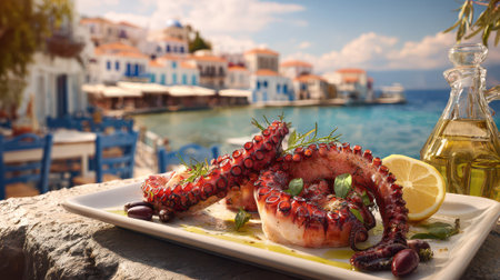 Grilled octopus tentacles with lemon and olive oil on white plate, traditional Greek Mediterranean seafood dish served at coastal restaurant with scenic view.の素材